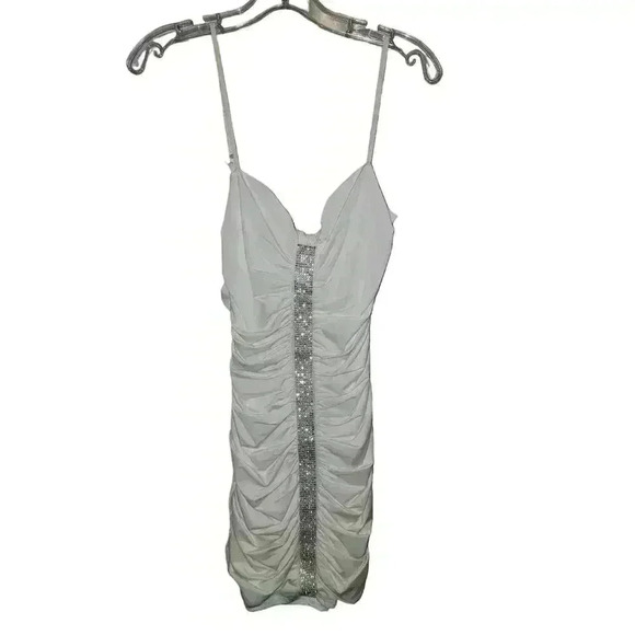 Meek Dresses & Skirts - White Ruched Mini Dress with Rhinestone Stone